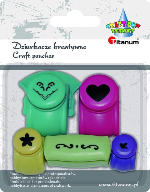Dziurkacz ozdobny Titanum Craft-Fun Series zestaw 5 szt. z motywem/narożnikowy/brzegowy (T-01) Dziurkacz ozdobny Titanum Craft-Fun Series zestaw 5 szt. z motywem/narożnikowy/brzegowy (T-01)