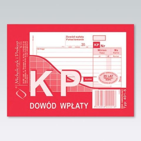 Druk samokopiujący Michalczyk i Prokop KP Dowód wpłaty A6 80k. (401-5) Druk samokopiujący Michalczyk i Prokop KP Dowód wpłaty A6 80k. (401-5)