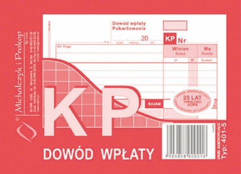 Druk samokopiujący Michalczyk i Prokop KP Dowód wpłaty A6 80k. (401-5) Druk samokopiujący Michalczyk i Prokop KP Dowód wpłaty A6 80k. (401-5)