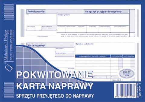 Druk samokopiujący Michalczyk i Prokop S wiel. pokwitowanie - karta naprawy spzętu przyjętego do naprawy A5 80k. (600-3) Druk samokopiujący Michalczyk i Prokop S wiel. pokwitowanie - karta naprawy spzętu przyjętego do naprawy A5 80k. (600-3)