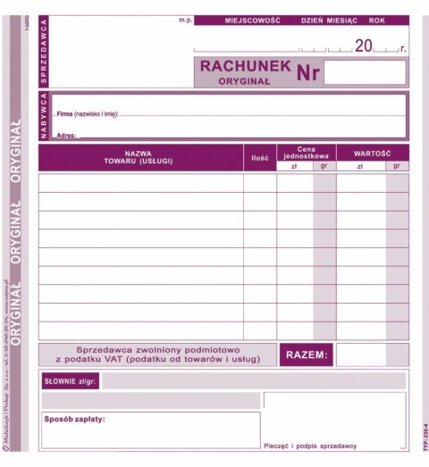 Druk offsetowy Michalczyk i Prokop Rachunek dla zwolnionych podmiotowo z VAT 2/3 A5 80k. (230-4) Druk offsetowy Michalczyk i Prokop Rachunek dla zwolnionych podmiotowo z VAT 2/3 A5 80k. (230-4)