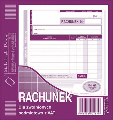 Druk offsetowy Michalczyk i Prokop Rachunek dla zwolnionych podmiotowo z VAT 2/3 A5 80k. (230-4) Druk offsetowy Michalczyk i Prokop Rachunek dla zwolnionych podmiotowo z VAT 2/3 A5 80k. (230-4)