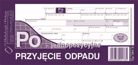 Druk samokopiujący Michalczyk i Prokop Przyjęcie odpadu jednopozycyjne 1/3 A4 80k. (384-8) Druk samokopiujący Michalczyk i Prokop Przyjęcie odpadu jednopozycyjne 1/3 A4 80k. (384-8)