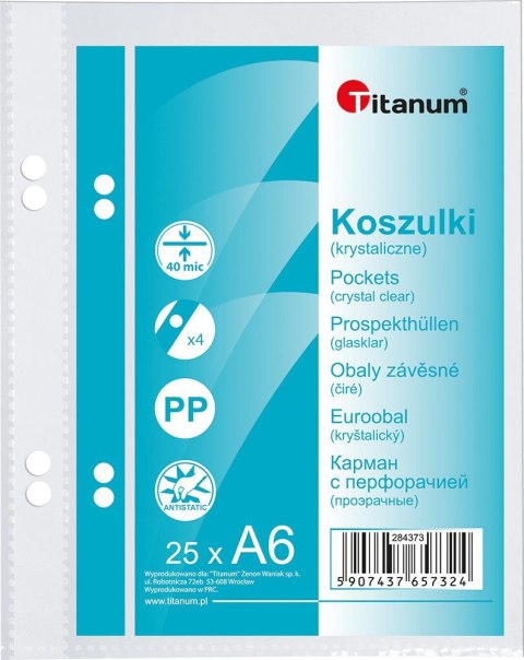 Koszulki na dokumenty Titanum A6 krystaliczne 25 szt. typ U 40um Koszulki na dokumenty Titanum A6 krystaliczne 25 szt. typ U 40um