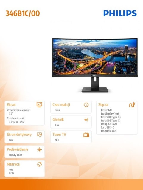 Monitor 346B1C 34 cale VA Curved HDMIx2 DPx2 USB-C HAS Monitor 346B1C 34 cale VA Curved HDMIx2 DPx2 USB-C HAS