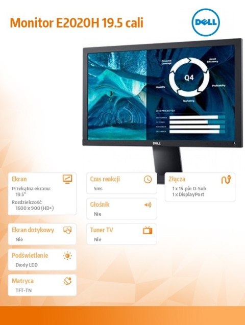Monitor E2020H 19.5 cali LED TN (1600x900) /16:9/VGA/DP 1.2/3Y PPG Monitor E2020H 19.5 cali LED TN (1600x900) /16:9/VGA/DP 1.2/3Y PPG