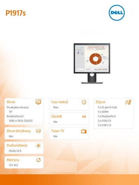 Monitor P1917S 19 cali IPS LED SXGA 1280x1024 /5:4/HDMI(1.4)/DP(1.2)/VGA/2xUSB 2.0/3xUSB 3.0/3Y PPG Monitor P1917S 19 cali IPS LED SXGA 1280x1024 /5:4/HDMI(1.4)/DP(1.2)/VGA/2xUSB 2.0/3xUSB 3.0/3Y PPG