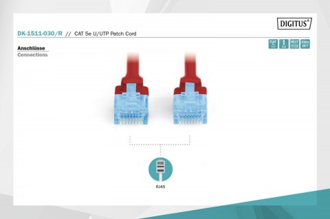 Patch cord kat.5e UTP, CU, AWG 26/7 3m Czerwony Patch cord kat.5e UTP, CU, AWG 26/7 3m Czerwony