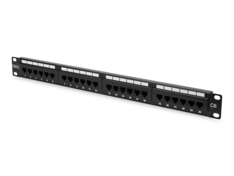 Patch panel 19" 24 porty, kat.6, U/UTP, 1U, wspornik kablowy, czarny (kompletny) Patch panel 19" 24 porty, kat.6, U/UTP, 1U, wspornik kablowy, czarny (kompletny)