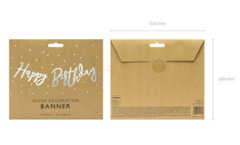 Baner Partydeco Happy Birthday, srebrny, 16,5x62cm Baner Partydeco Happy Birthday, srebrny, 16,5x62cm