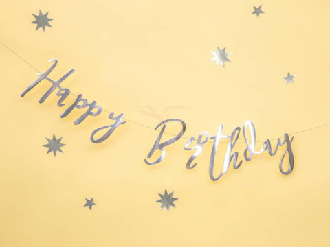 Baner Partydeco Happy Birthday, srebrny, 16,5x62cm Baner Partydeco Happy Birthday, srebrny, 16,5x62cm