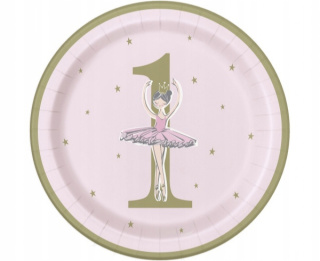 Talerz jednorazowy Godan Ballerina pink&gold 1st birthday śr. 230mm 8 szt (75955)