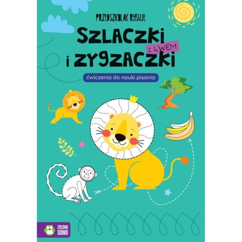 Książeczka edukacyjna Zielona Sowa Przedszkolak rysuje. Szlaczki i zygzaczki z lwem Książeczka edukacyjna Zielona Sowa Przedszkolak rysuje. Szlaczki i zygzaczki z lwem