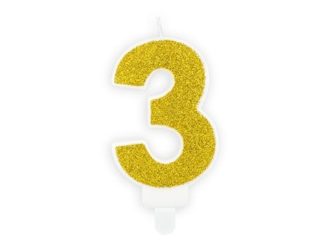 Świeczka urodzinowa Partydeco cyferka 3 złoty brokat 7cm (SCU3-3-019B) Świeczka urodzinowa Partydeco cyferka 3 złoty brokat 7cm (SCU3-3-019B)