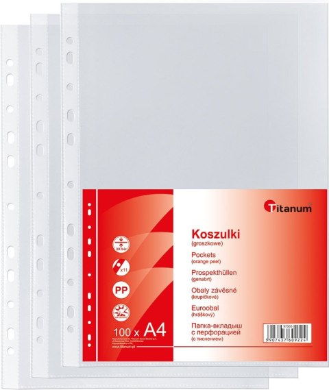 Koszulki na dokumenty Titanum A4 groszkowe 100 szt. typ U 30um Koszulki na dokumenty Titanum A4 groszkowe 100 szt. typ U 30um