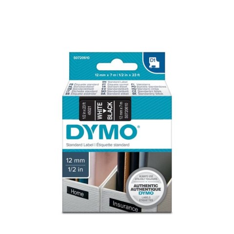 Taśma Dymo D1 12mm x 7m czarna/biały nadruk Taśma Dymo D1 12mm x 7m czarna/biały nadruk