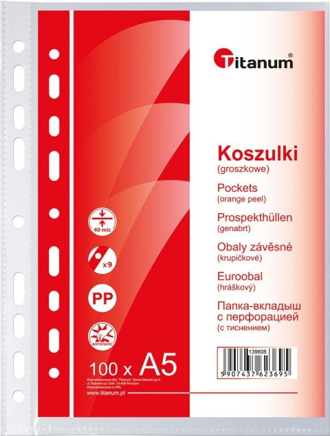 Koszulki na dokumenty Titanum A5 groszkowe 100 szt. typ U 40um Koszulki na dokumenty Titanum A5 groszkowe 100 szt. typ U 40um