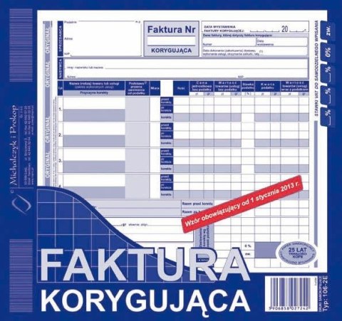 Druk samokopiujący Michalczyk i Prokop Faktura korygująca 2/3 A4 80k. (106-2E) Druk samokopiujący Michalczyk i Prokop Faktura korygująca 2/3 A4 80k. (106-2E)