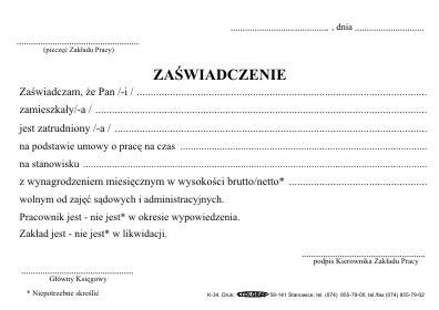 Druk offsetowy Stolgraf Zaświadczenie o zarobkach A6 100k. (K34) Druk offsetowy Stolgraf Zaświadczenie o zarobkach A6 100k. (K34)