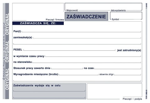 Druk samokopiujący Michalczyk i Prokop Zaświadczenie o zatrudnieniu A6 80k. (502-5) Druk samokopiujący Michalczyk i Prokop Zaświadczenie o zatrudnieniu A6 80k. (502-5)