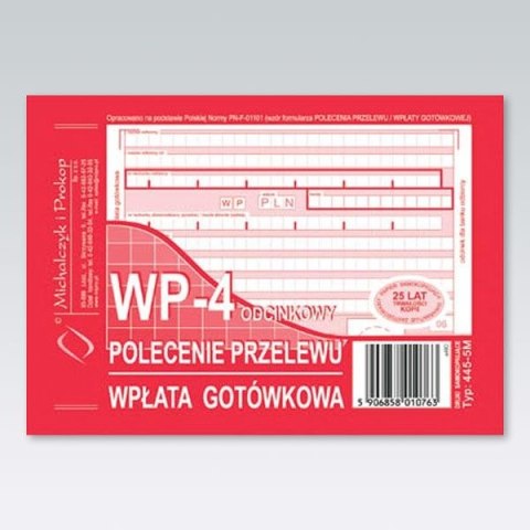 Druk samokopiujący Michalczyk i Prokop Polecenie przelewu / wpłata gotówkowa A6 80k. (445-5M) Druk samokopiujący Michalczyk i Prokop Polecenie przelewu / wpłata gotówkowa A6 80k. (445-5M)