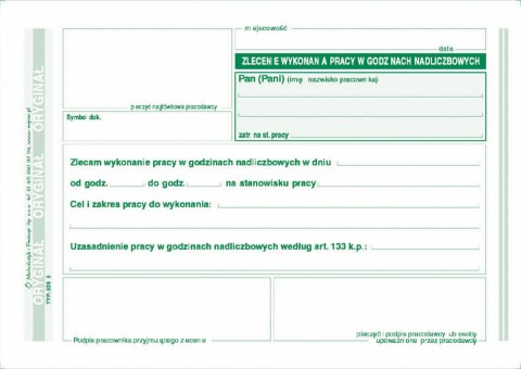 Druk samokopiujący Michalczyk i Prokop zlecenie wykonania pracy w godzinach nadliczbowych A6 40k. (529-5) Druk samokopiujący Michalczyk i Prokop zlecenie wykonania pracy w godzinach nadliczbowych A6 40k. (529-5)