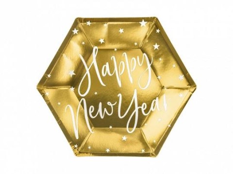 Talerz jednorazowy Partydeco w kolorze złotym lustrzanym z białym wzorem gwiazd i napisem Happy New Year, średnica ok. 20 cm (1 Talerz jednorazowy Partydeco w kolorze złotym lustrzanym z białym wzorem gwiazd i napisem Happy New Year, średnica ok. 20 cm (1