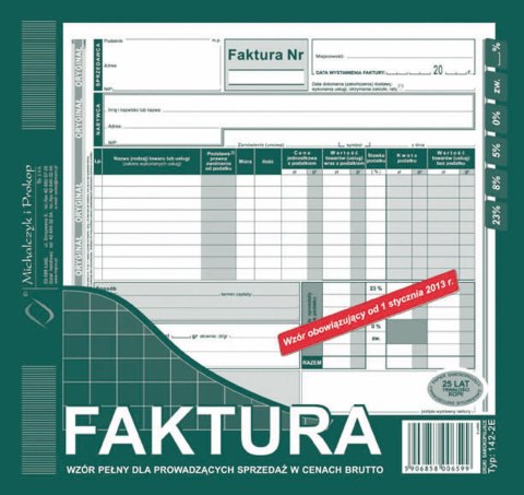 Druk offsetowy Michalczyk i Prokop Faktura VAT brutto 2/3 A4, 80 kartek,o+1kopia 2/3 A4 80k. (142-2E) Druk offsetowy Michalczyk i Prokop Faktura VAT brutto 2/3 A4, 80 kartek,o+1kopia 2/3 A4 80k. (142-2E)