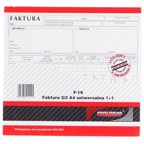 Druk samokopiujący Stolgraf faktura 2/3 A4 (1+1) uniwersalna 2/3 A4 100k. (F19) Druk samokopiujący Stolgraf faktura 2/3 A4 (1+1) uniwersalna 2/3 A4 100k. (F19)
