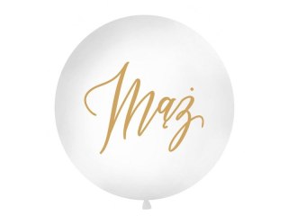 Balon gumowy Partydeco o średnicy ok. 1 m, biały pastelowy ze złotym nadrukiem Mąż biała 1000mm (OLBON23D-008-019)
