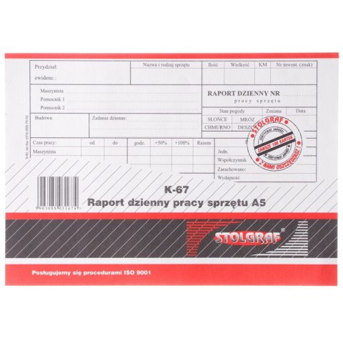 Druk offsetowy Stolgraf Raport dzienny pracy sprzeętu A5/100 , k67 A5 100k. (K67) Druk offsetowy Stolgraf Raport dzienny pracy sprzeętu A5/100 , k67 A5 100k. (K67)