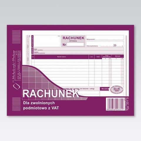 Druk offsetowy Michalczyk i Prokop Rachunek dla zwolnionych podmiotowo z VAT A5 80k. (231-3) Druk offsetowy Michalczyk i Prokop Rachunek dla zwolnionych podmiotowo z VAT A5 80k. (231-3)