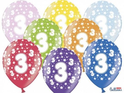 Balon gumowy Partydeco gumowy 3 urodziny, mix kolorów 30 cm/6 sztuk mix 300mm (SB14M-003-000-6) Balon gumowy Partydeco gumowy 3 urodziny, mix kolorów 30 cm/6 sztuk mix 300mm (SB14M-003-000-6)