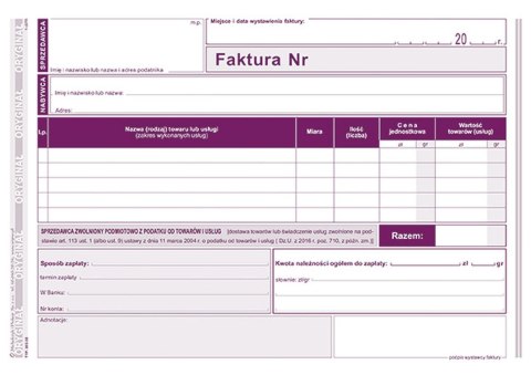 Druk offsetowy Michalczyk i Prokop Faktura dla podatników zwolnionych z podatku VAT A5 80k. (203-3E) Druk offsetowy Michalczyk i Prokop Faktura dla podatników zwolnionych z podatku VAT A5 80k. (203-3E)