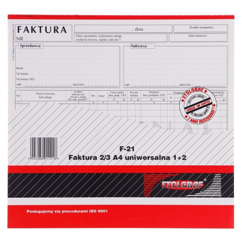 Druk samokopiujący Stolgraf faktura VAT 2/3 A4 (1+2) uniwersalna 2/3 A4 100k. (F21) Druk samokopiujący Stolgraf faktura VAT 2/3 A4 (1+2) uniwersalna 2/3 A4 100k. (F21)