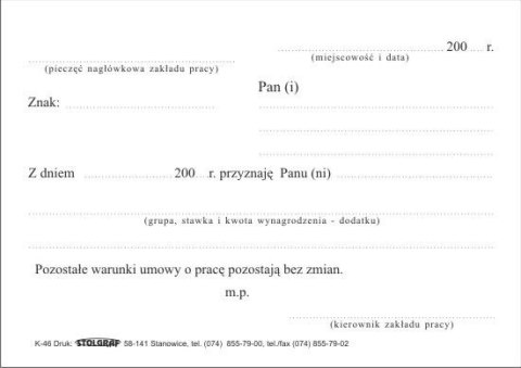 Druk samokopiujący Stolgraf Zmiana kwoty wynagrodzenia A6 100k. (K46) Druk samokopiujący Stolgraf Zmiana kwoty wynagrodzenia A6 100k. (K46)